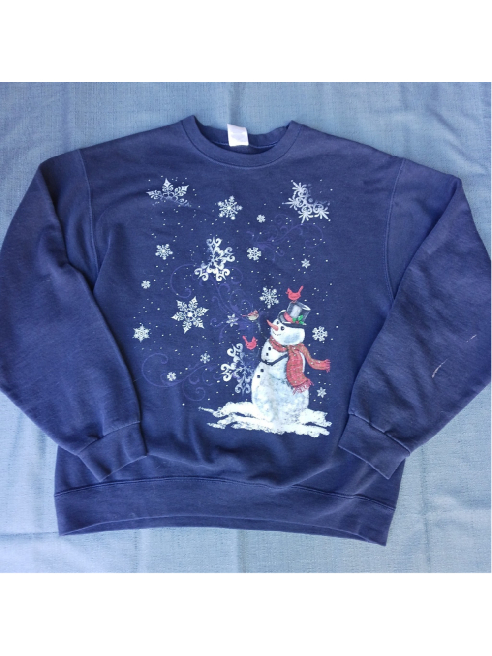 Jerzees NuBlend Navy Blue Sweatshirt Winter Holiday Snowflakes Snowman Size L Ug